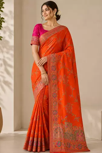 orange jaqurad all over jaal border with dola pashmina silk saree