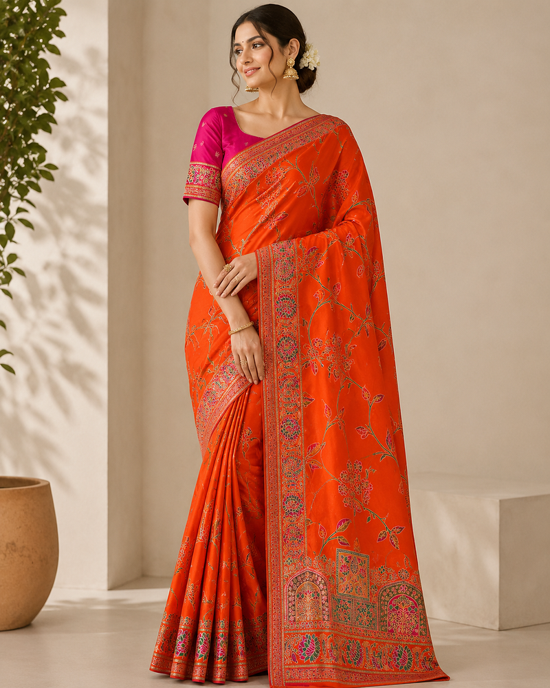 orange jaqurad all over jaal border with dola pashmina silk saree