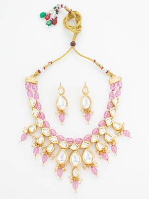 gold plated pink crystal necklace set 2