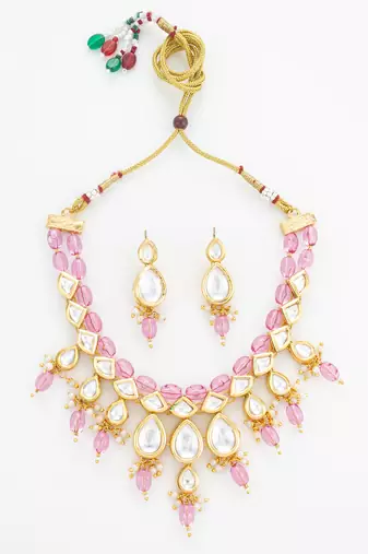 gold plated pink crystal necklace set