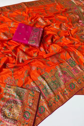 orange jaqurad all over jaal border with dola pashmina silk saree