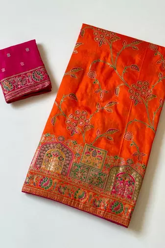 orange jaqurad all over jaal border with dola pashmina silk saree