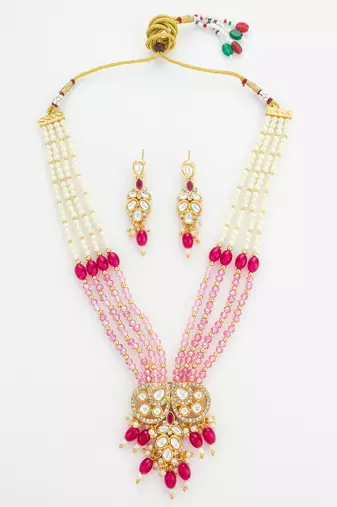 gold plated pearl long necklace set