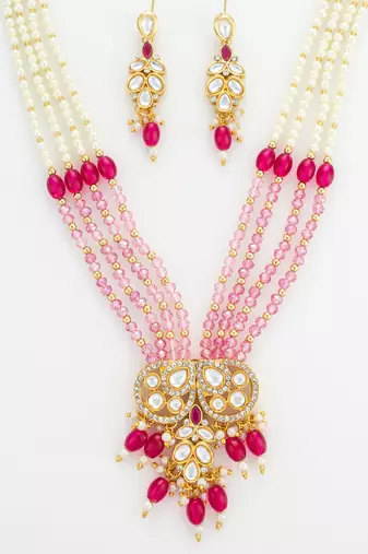 gold plated pearl long necklace set