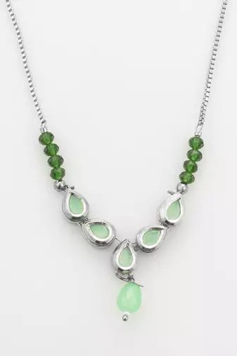 silver plated green kundan necklace