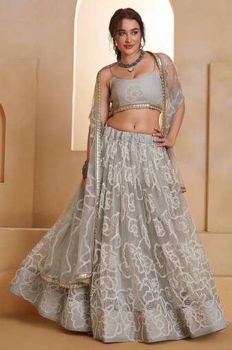 Light Grey Net Zari Embroidered Sequins Beads Lehenga Wedding Wear For Women's