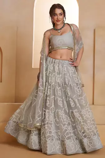 Light Grey Net Zari Embroidered Sequins Beads Lehenga Wedding Wear For Women's