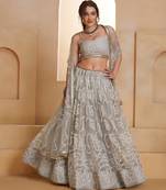 Light Grey Net Zari Embroidered Sequins Beads Lehenga Wedding Wear For Women's
