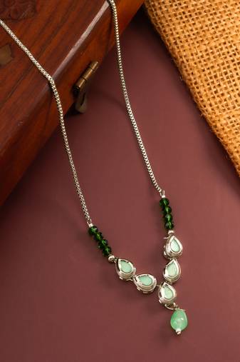 silver plated green kundan necklace