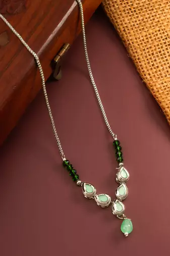 silver plated green kundan necklace