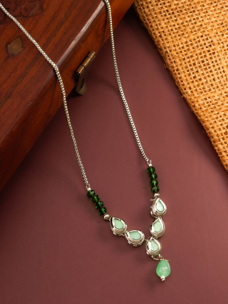 silver plated green kundan necklace