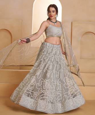 Light Grey Net Zari Embroidered Sequins Beads Lehenga Wedding Wear For Women's 2