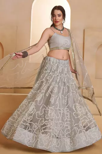 Light Grey Net Zari Embroidered Sequins Beads Lehenga Wedding Wear For Women's
