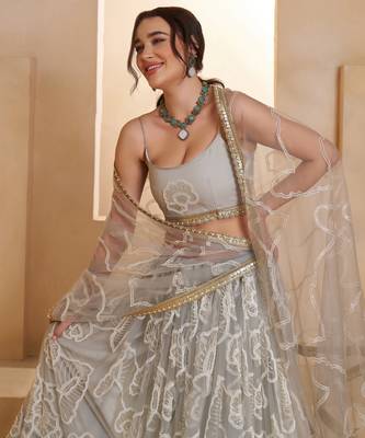Light Grey Net Zari Embroidered Sequins Beads Lehenga Wedding Wear For Women's 3
