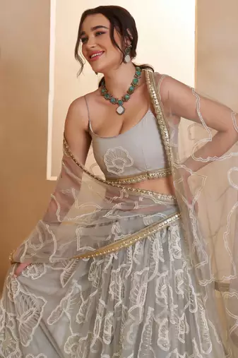 Light Grey Net Zari Embroidered Sequins Beads Lehenga Wedding Wear For Women's