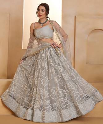 Light Grey Net Zari Embroidered Sequins Beads Lehenga Wedding Wear For Women's 4