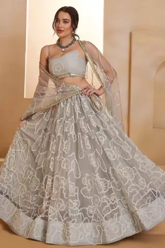 Light Grey Net Zari Embroidered Sequins Beads Lehenga Wedding Wear For Women's
