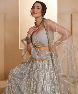 Light Grey Net Zari Embroidered Sequins Beads Lehenga Wedding Wear For Women's 5