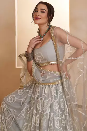 Light Grey Net Zari Embroidered Sequins Beads Lehenga Wedding Wear For Women's