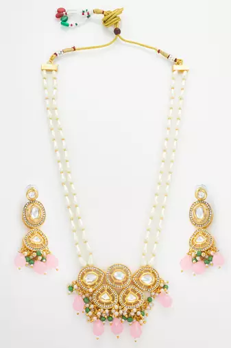 gold plated pink stone necklace set