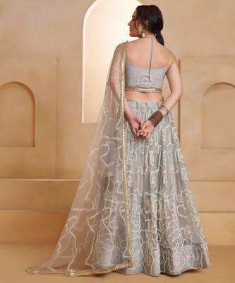 Light Grey Net Zari Embroidered Sequins Beads Lehenga Wedding Wear For Women's 6