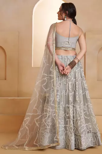 Light Grey Net Zari Embroidered Sequins Beads Lehenga Wedding Wear For Women's