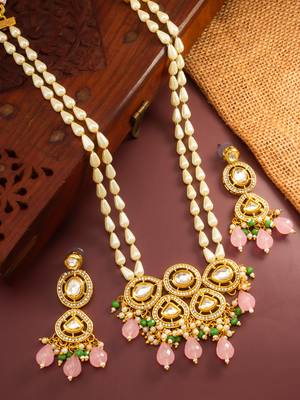 gold plated pink stone necklace set 1
