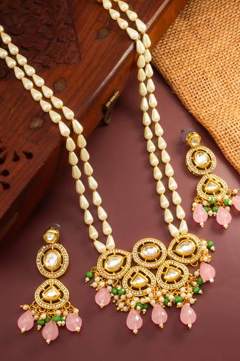 gold plated pink stone necklace set