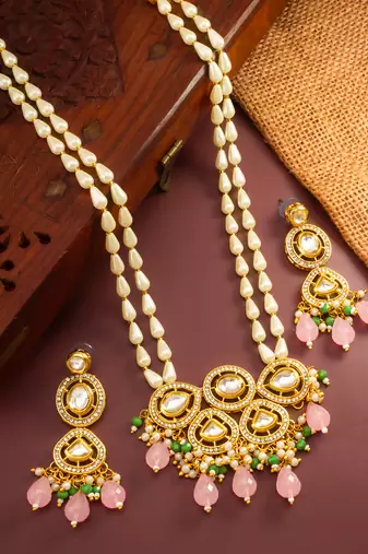gold plated pink stone necklace set