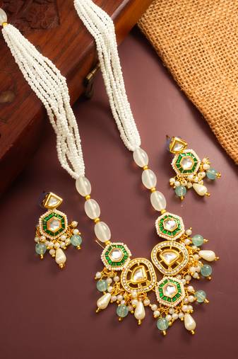 gold plated green stone necklace set