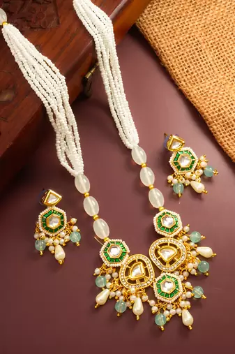 gold plated green stone necklace set