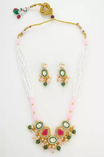 gold plated pink stone necklace set