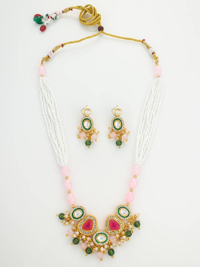 gold plated pink stone necklace set