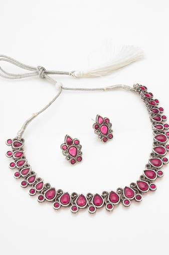 oxidized silver choker necklace set with red stone and stud earrings