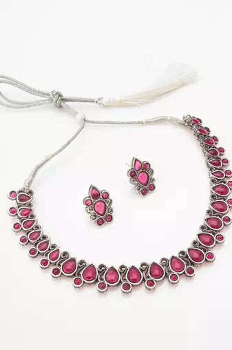 oxidized silver choker necklace set with red stone and stud earrings