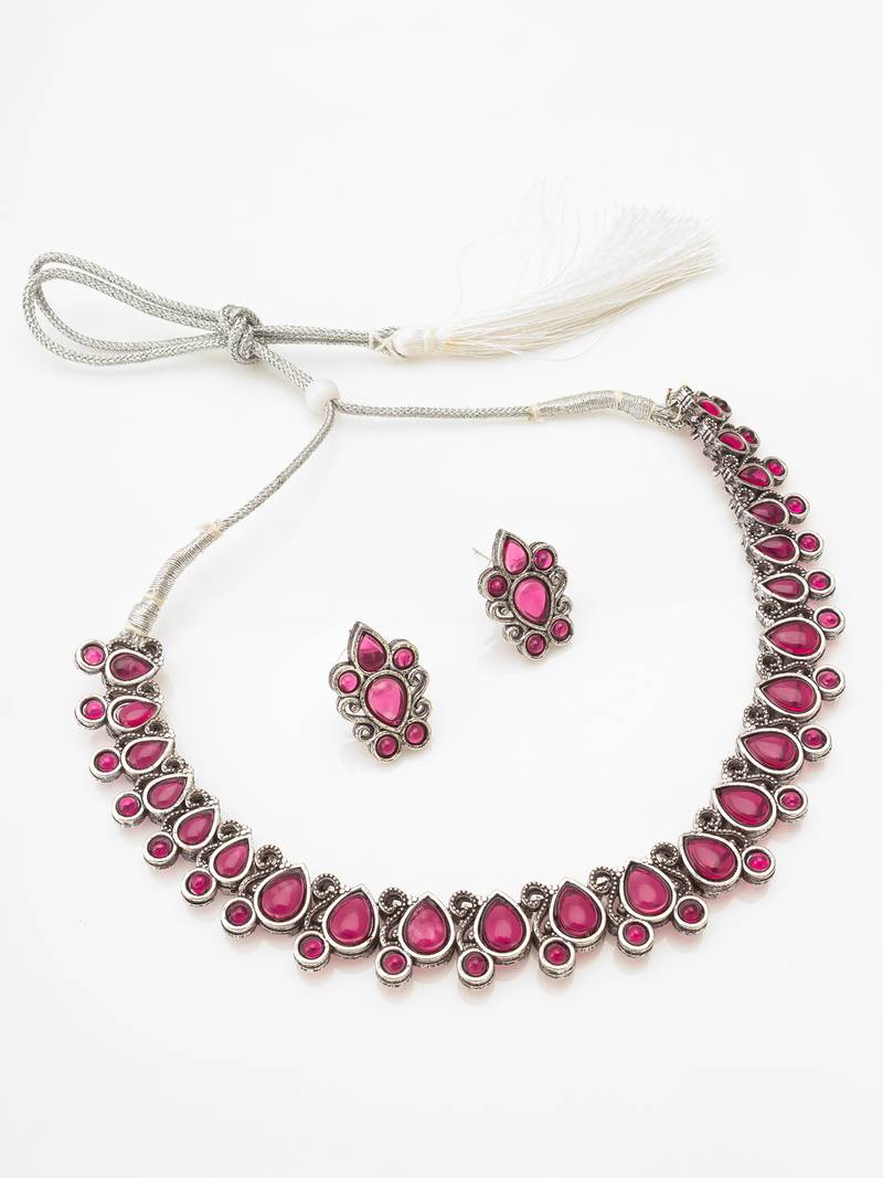 oxidized silver choker necklace set with red stone and stud earrings
