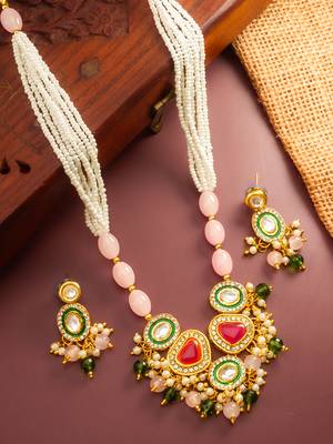 gold plated pink stone necklace set 1