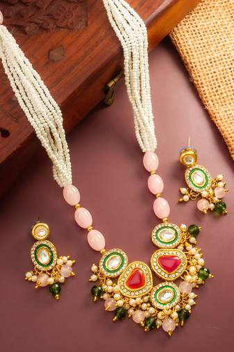 gold plated pink stone necklace set