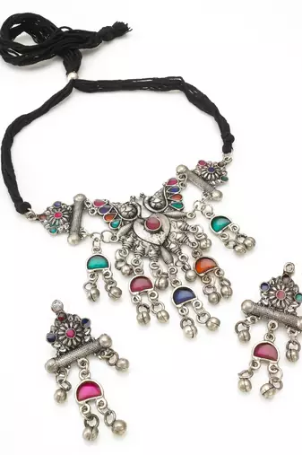 oxidized silver multicolour stone peacock pendant necklace set with ghungroo drop earrings