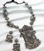oxidized silver floral rectangular panel necklace set with large pendant and ghungroo earrings