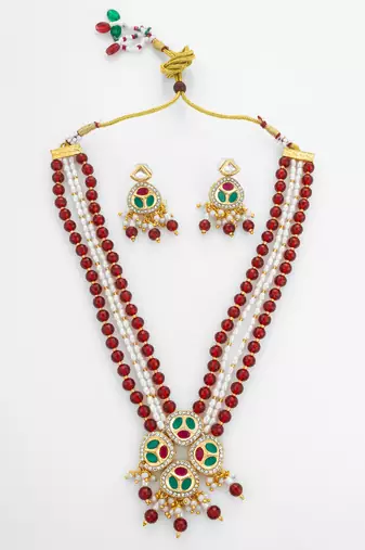 ruby pearl long necklace set