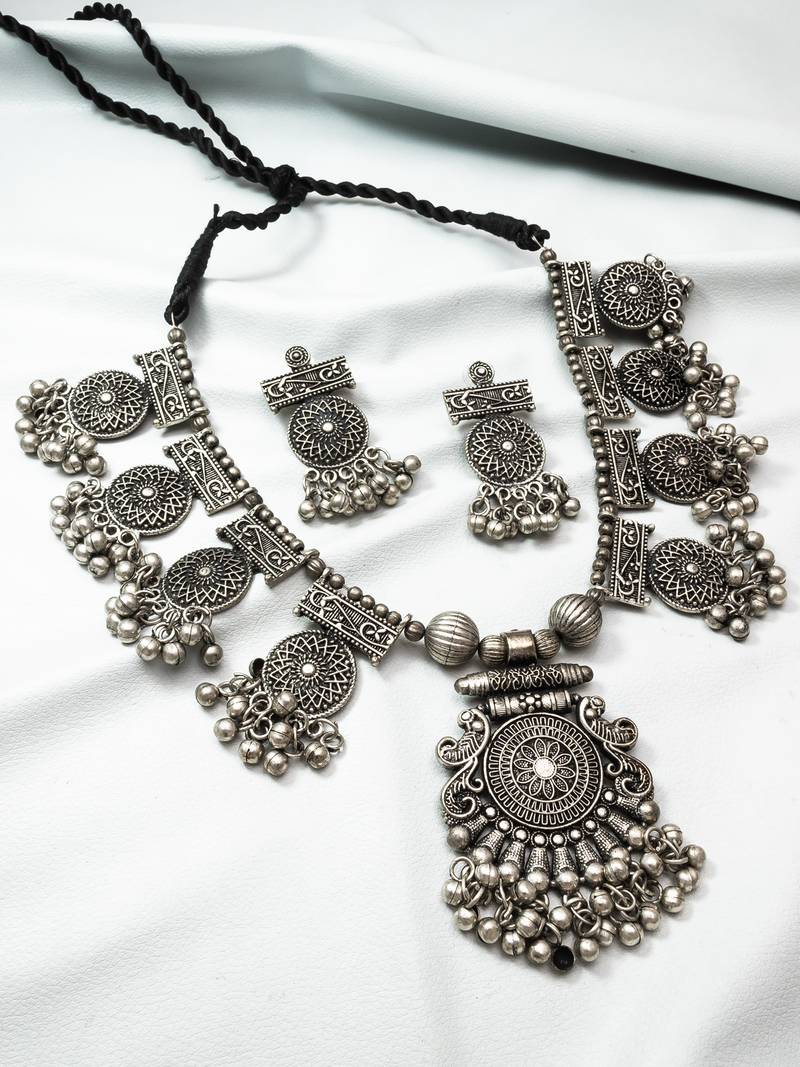 oxidized silver mandala ghungroo necklace set with coin pendant and matching earrings