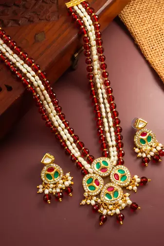 ruby pearl long necklace set
