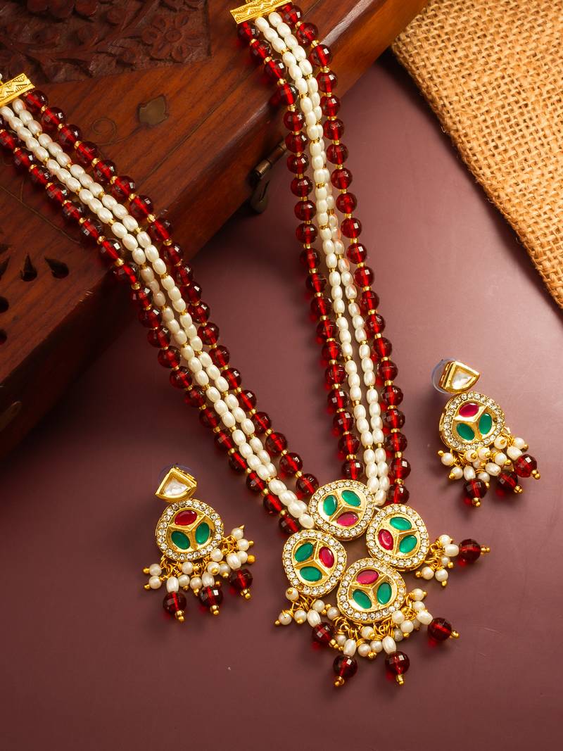 ruby pearl long necklace set