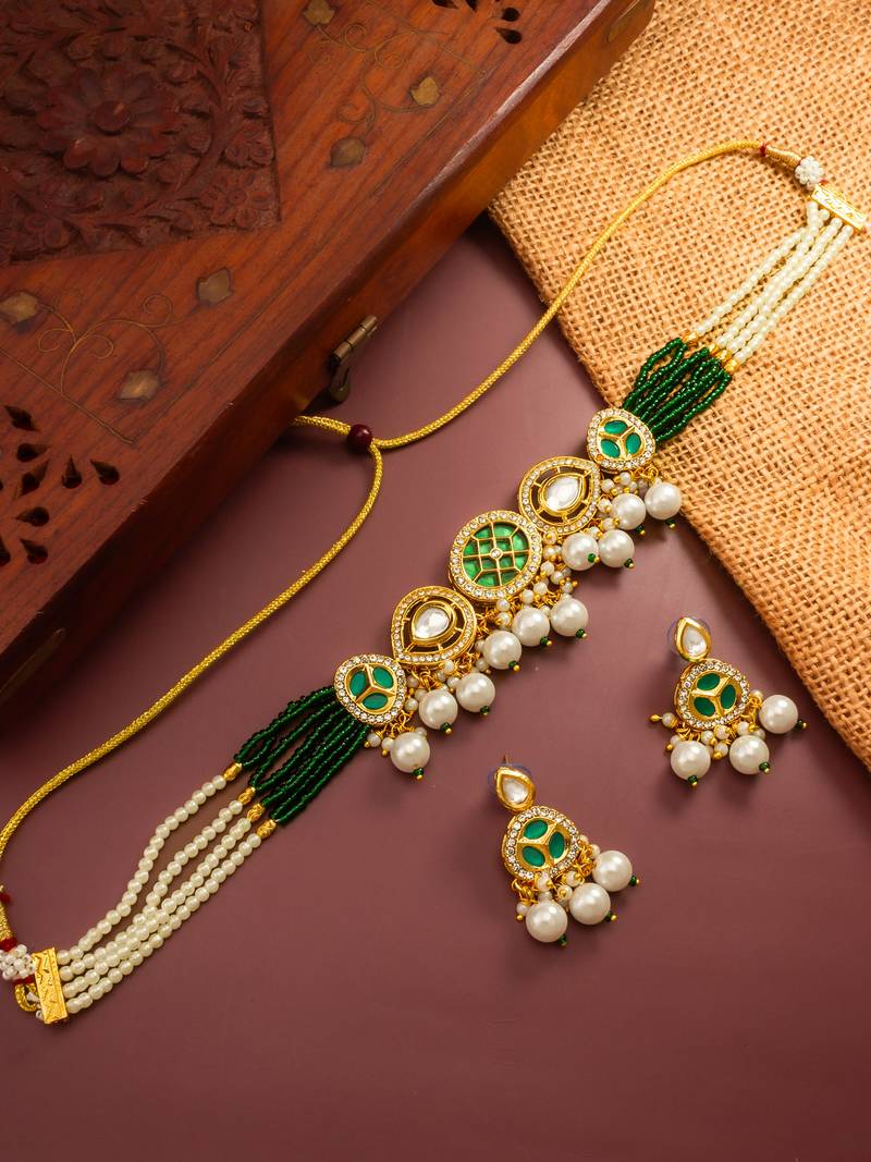 green bead kundan choker set