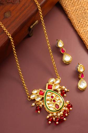 ruby kundan pendant necklace set