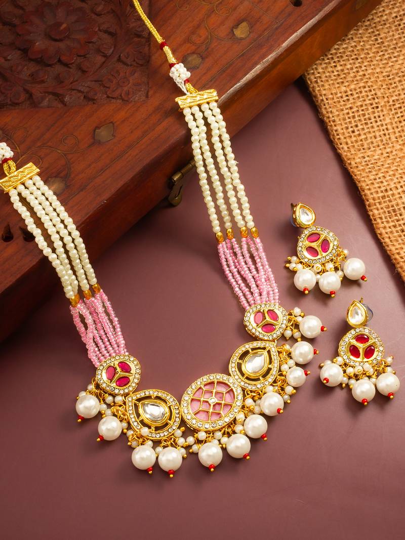 gold plated pink pearl choker set