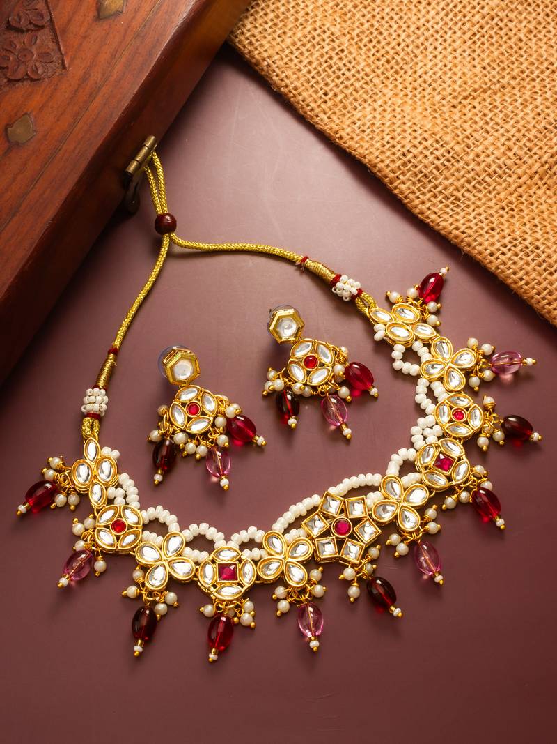 gold plated floral kundan necklace set