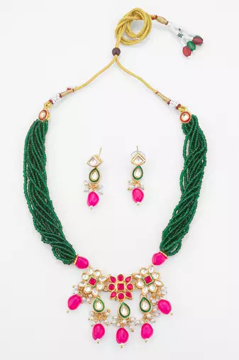 green beaded kundan necklace set