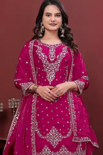 Rani pink fandy silk  party wear embroidery  sharara suit set